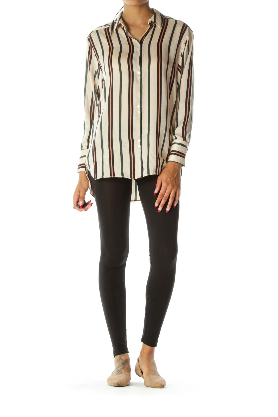 Beige Black Green Striped Shiny Long Sleeve Soft Shirt