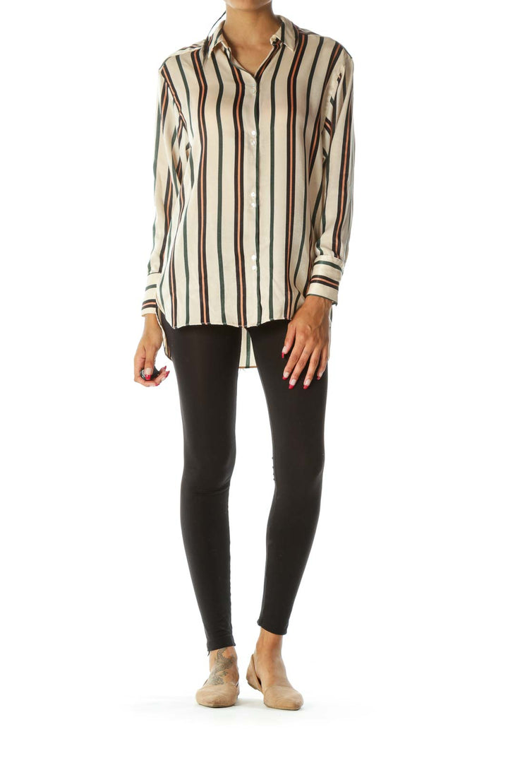 Beige Black Green Striped Shiny Long Sleeve Soft Shirt