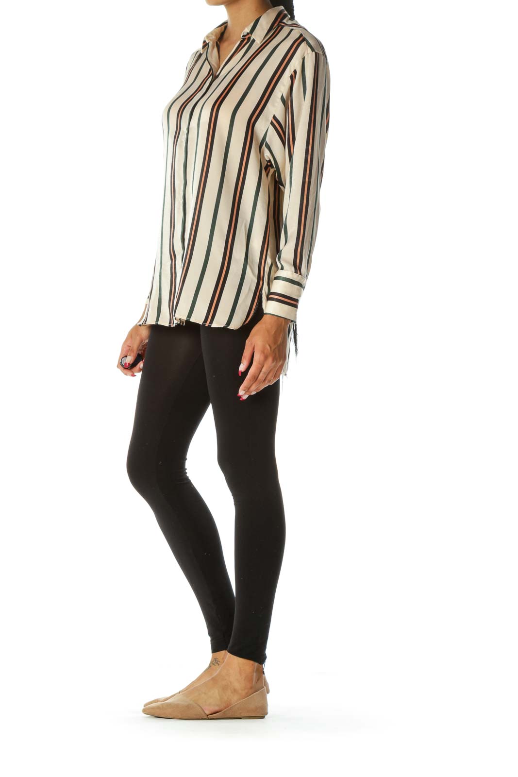 Beige Black Green Striped Shiny Long Sleeve Soft Shirt