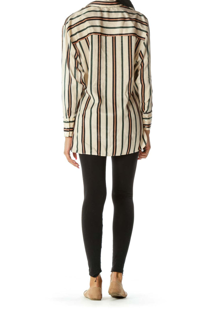 Beige Black Green Striped Shiny Long Sleeve Soft Shirt