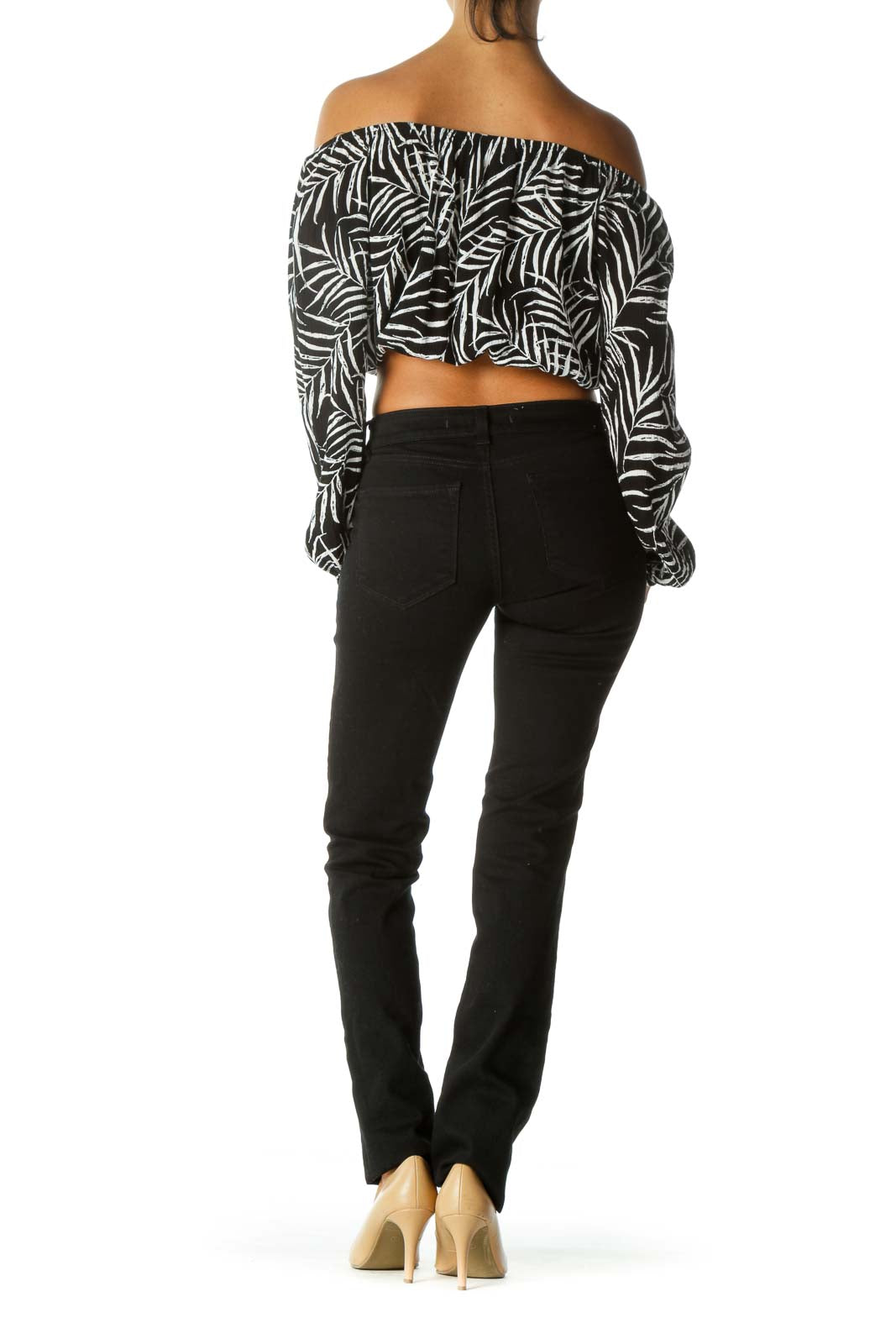 Black White Palm Print Cold Shoulder Crop Top