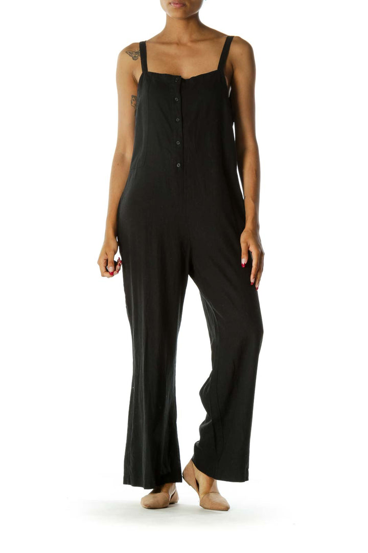 Black Linen Square Neck Buttoned Pocketed Jumpsuit