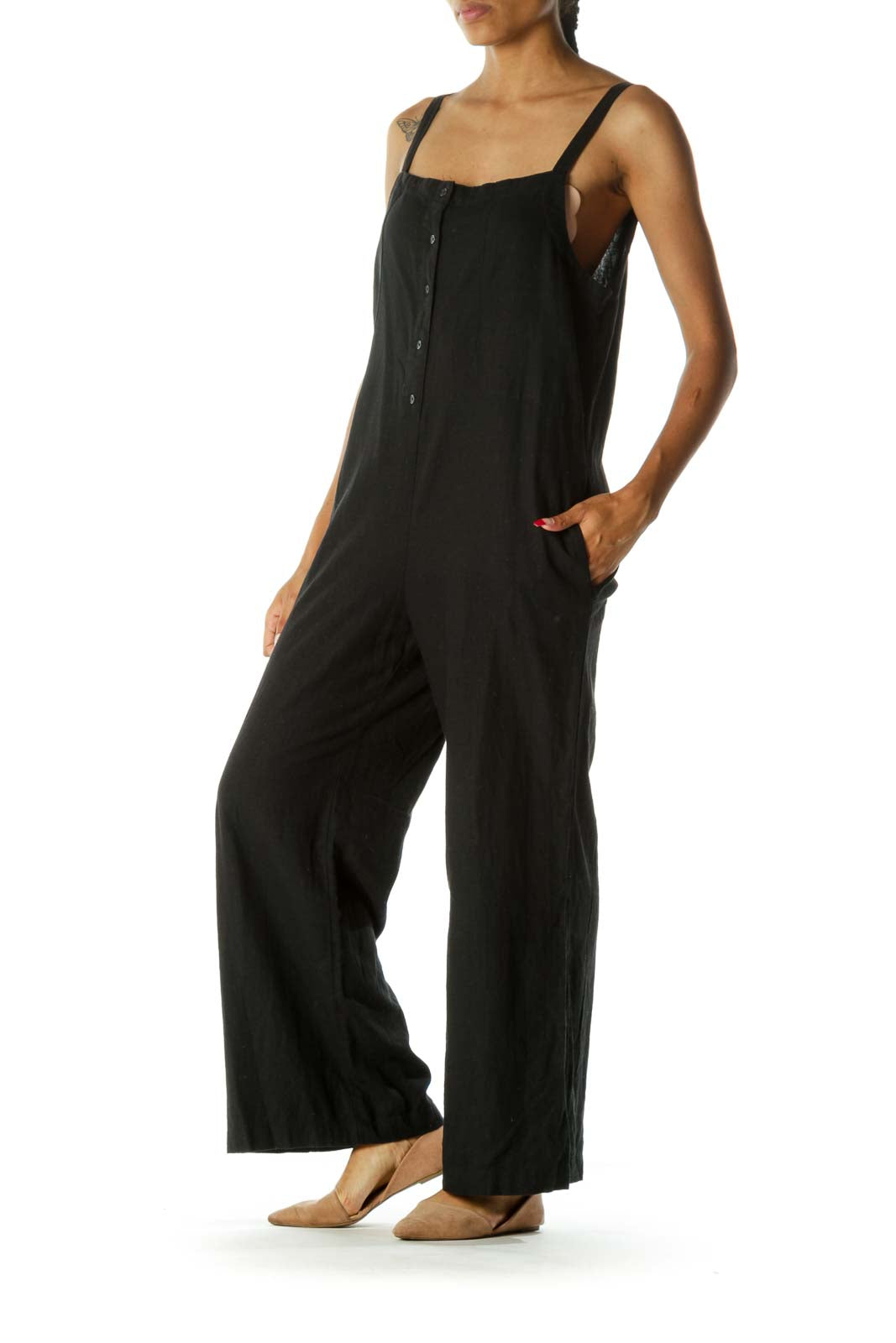 Black Linen Square Neck Buttoned Pocketed Jumpsuit