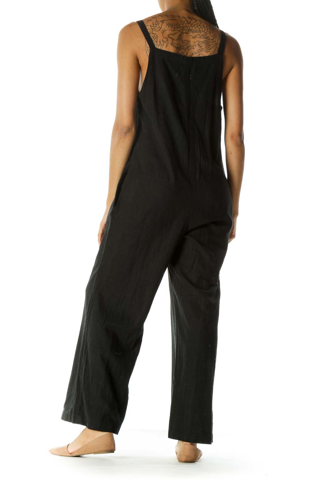 Black Linen Square Neck Buttoned Pocketed Jumpsuit