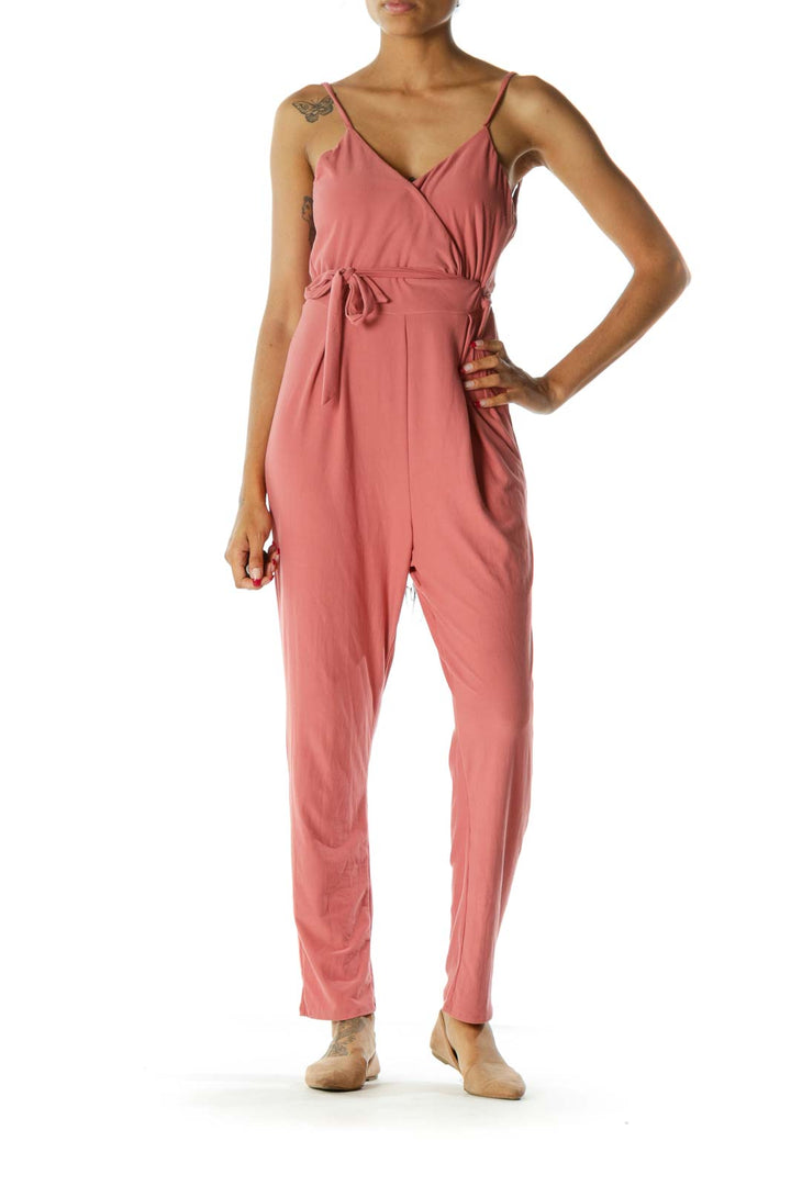 Coral Pink Surplice V-Neck Spaghetti Strap Soft Texture Stretch Jumpsuit