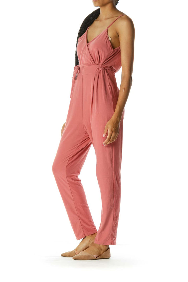 Coral Pink Surplice V-Neck Spaghetti Strap Soft Texture Stretch Jumpsuit