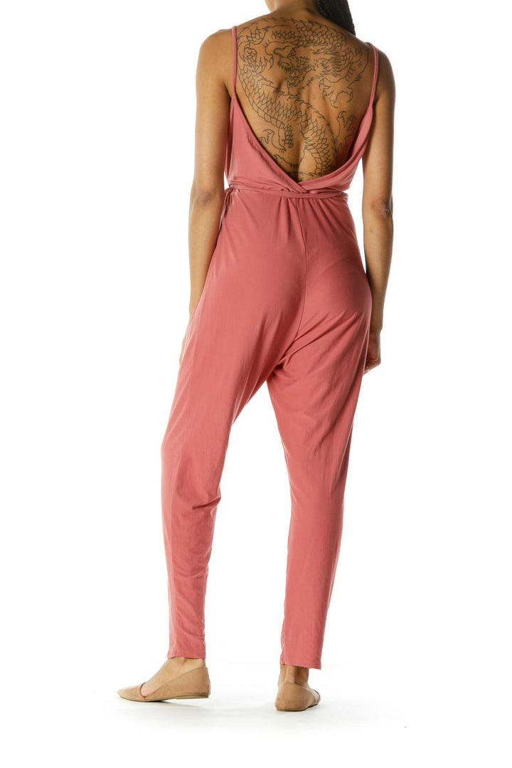 Coral Pink Surplice V-Neck Spaghetti Strap Soft Texture Stretch Jumpsuit