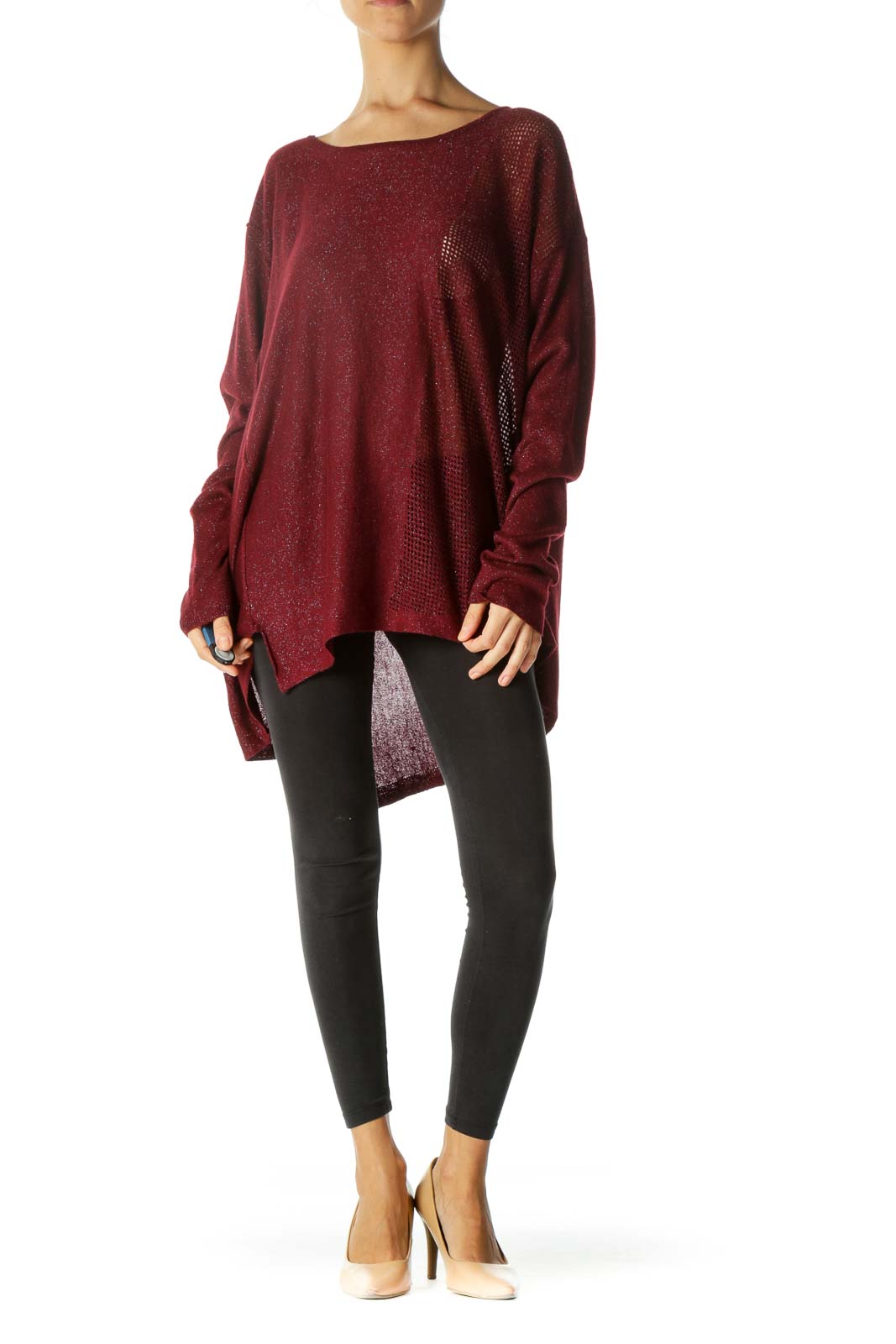 Burgundy Black Silver Round Neck Soft See-Through Knit Top