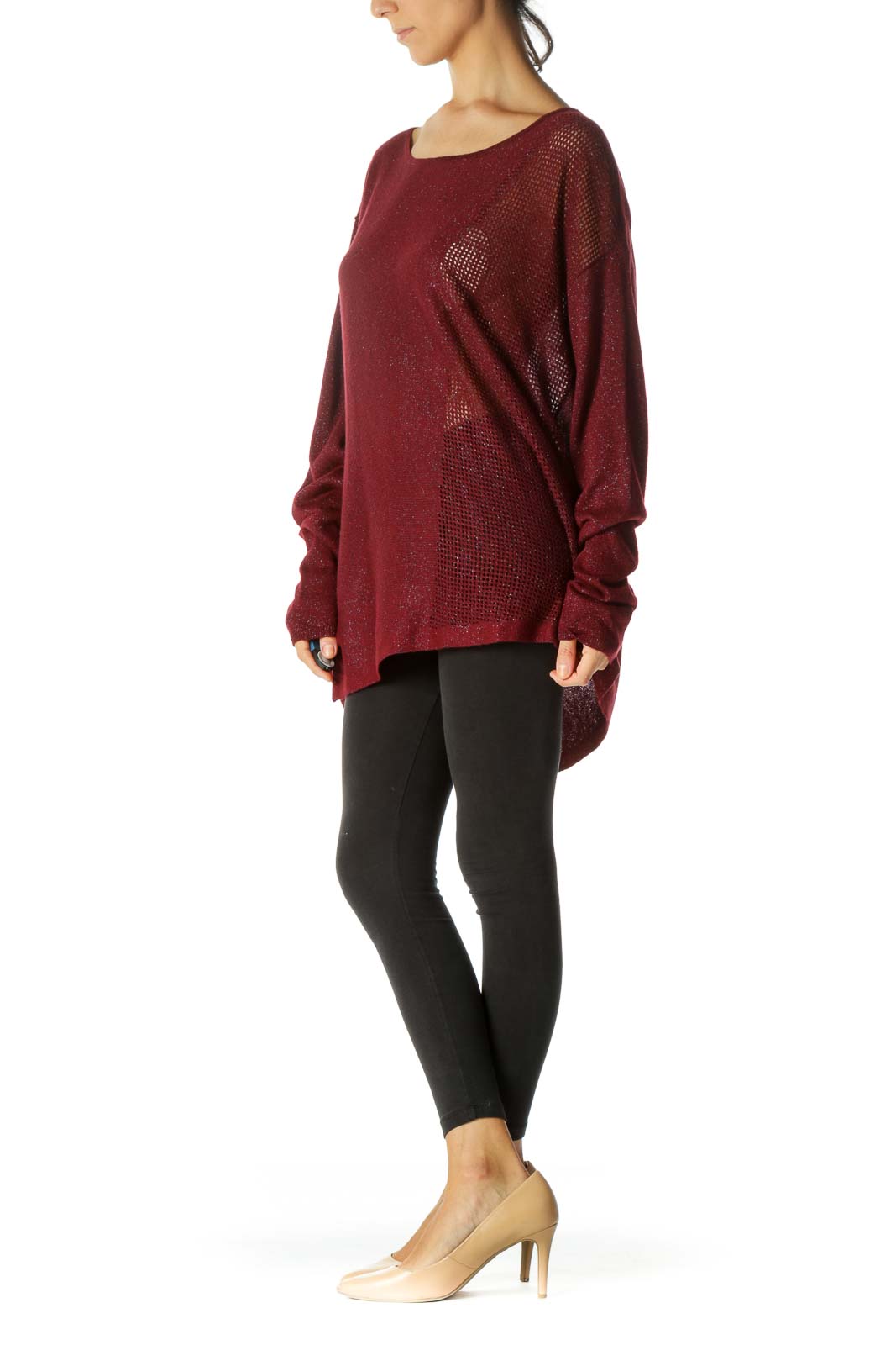 Burgundy Black Silver Round Neck Soft See-Through Knit Top