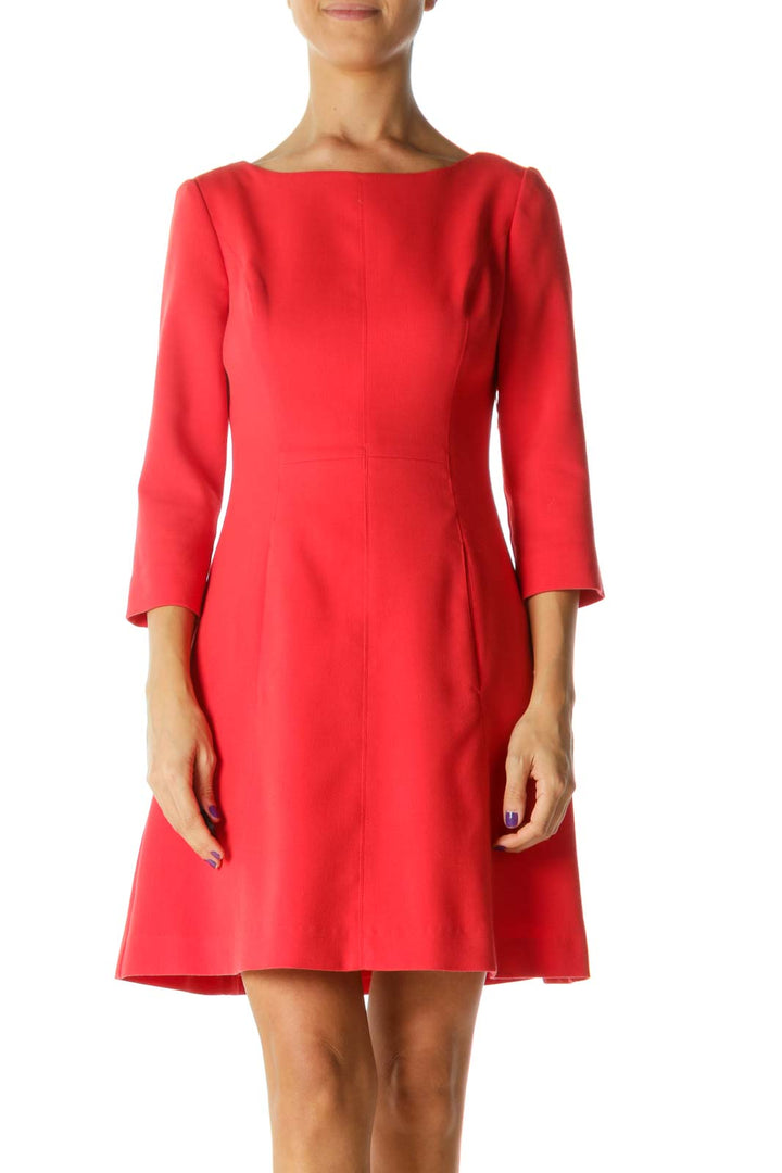 Coral Pink Round Neck Long Sleeve Pocketed Zippered Dress