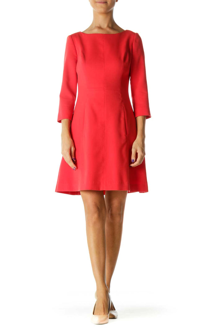 Coral Pink Round Neck Long Sleeve Pocketed Zippered Dress