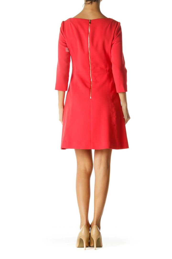 Coral Pink Round Neck Long Sleeve Pocketed Zippered Dress