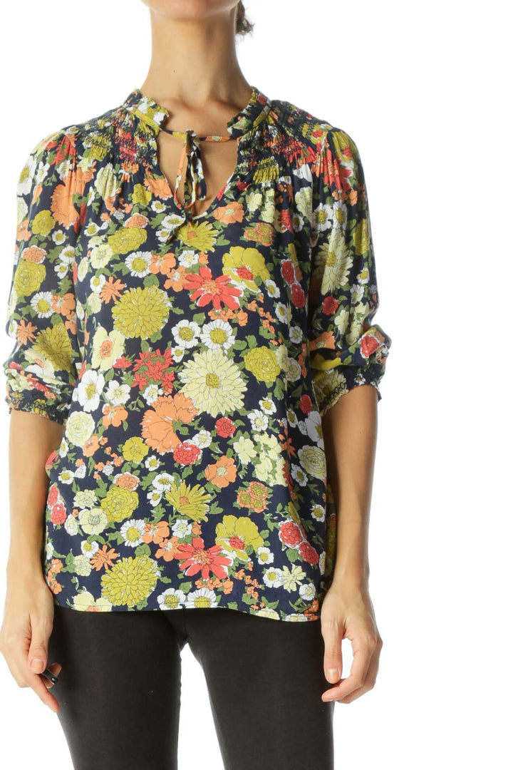 Navy & Multicolored Floral-Print Neck-Tie Shirring 3/4-Sleeve Blouse