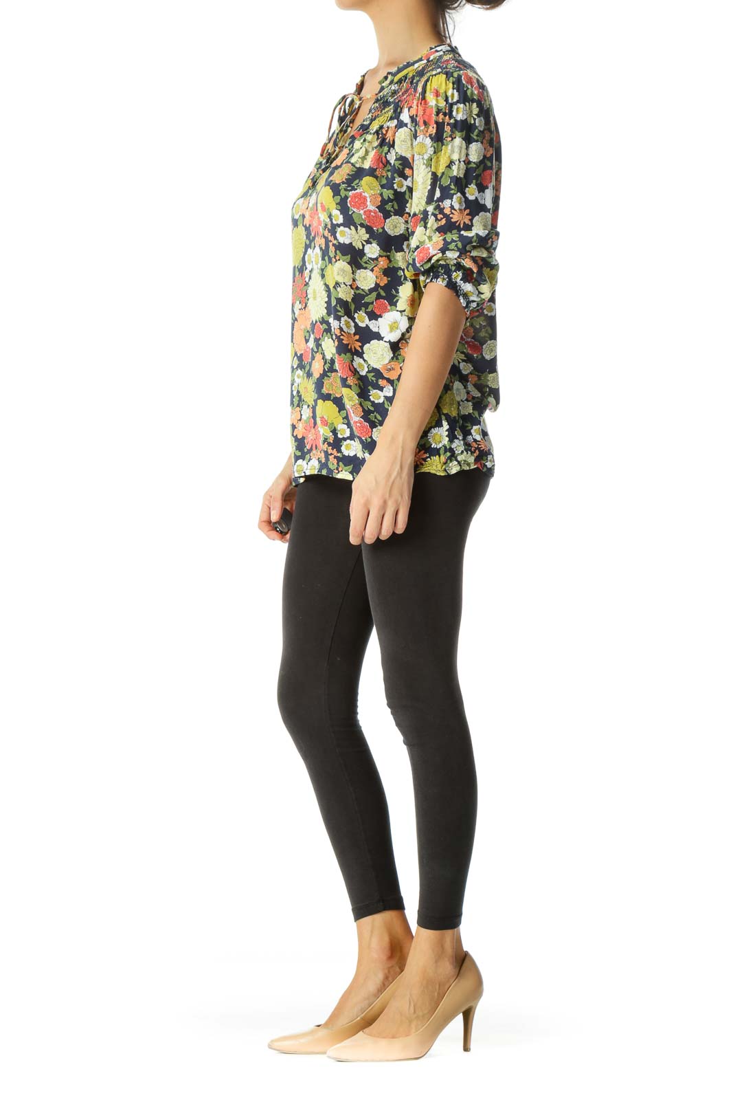 Navy & Multicolored Floral-Print Neck-Tie Shirring 3/4-Sleeve Blouse