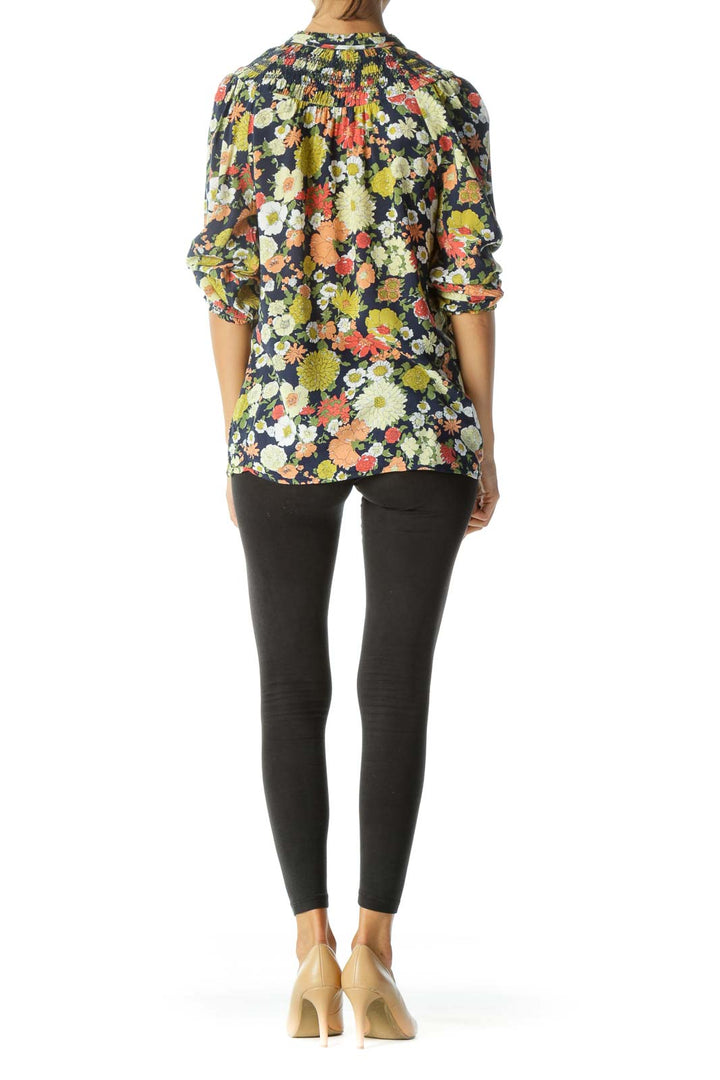 Navy & Multicolored Floral-Print Neck-Tie Shirring 3/4-Sleeve Blouse