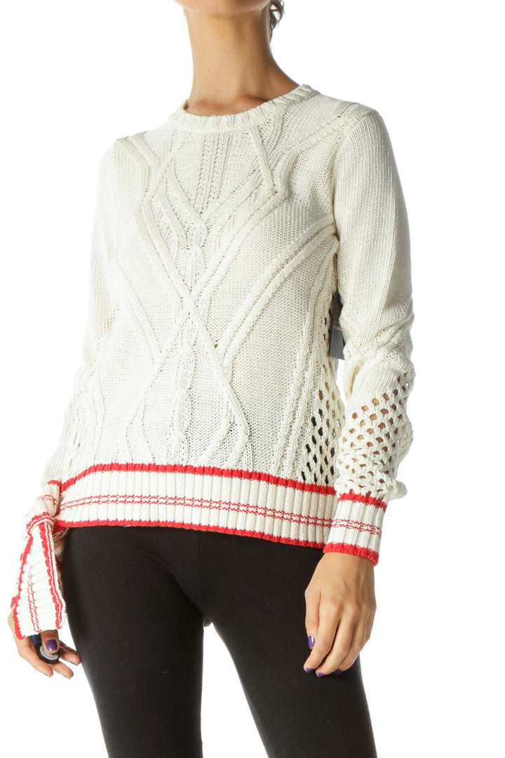 Cream Knit Sweater with Red Trim