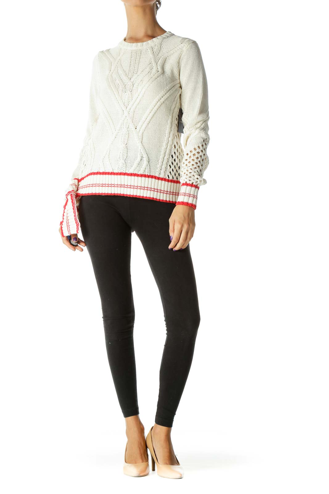 Cream Knit Sweater with Red Trim