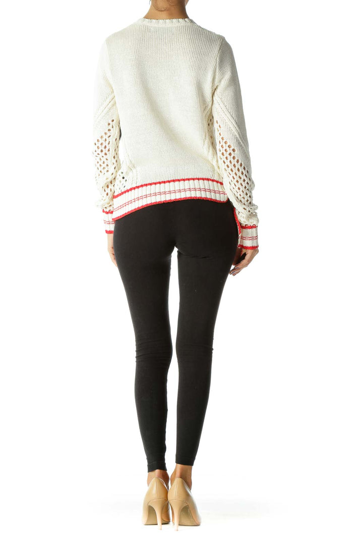 Cream Knit Sweater with Red Trim