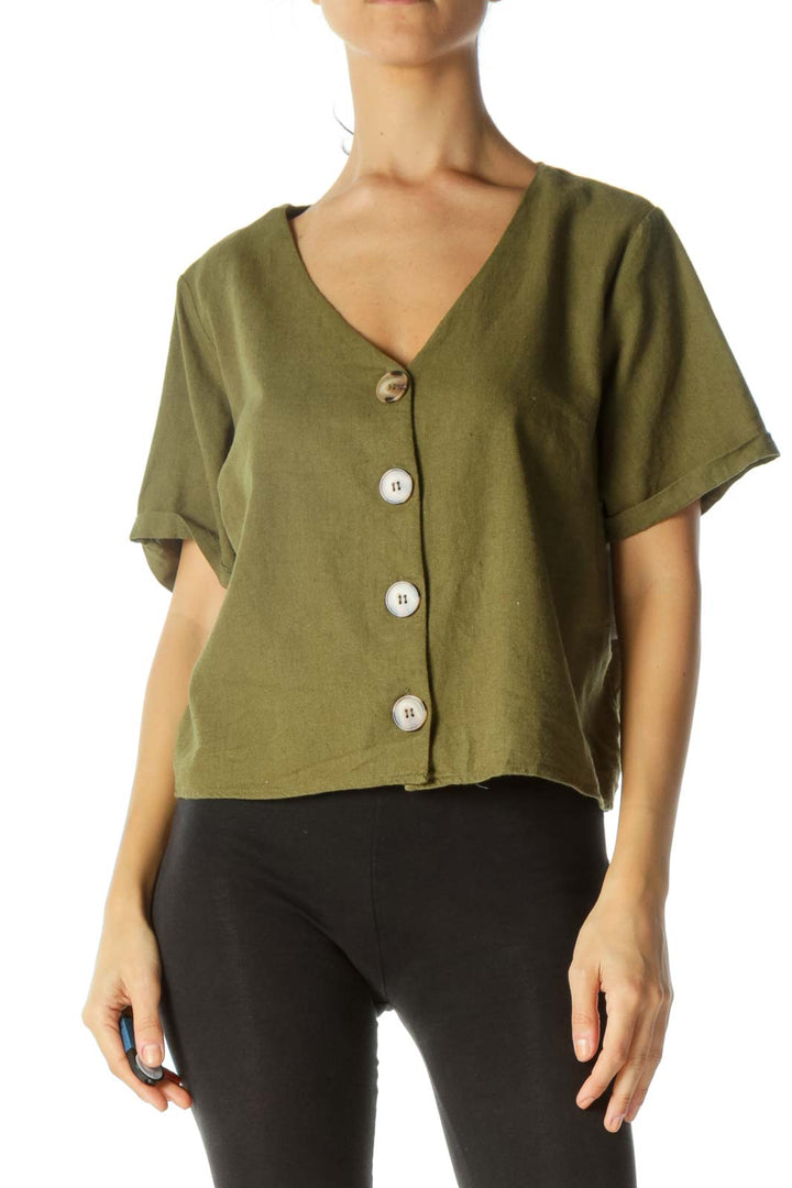 Green V-Neck Buttoned Linen Short-Sleeve Top