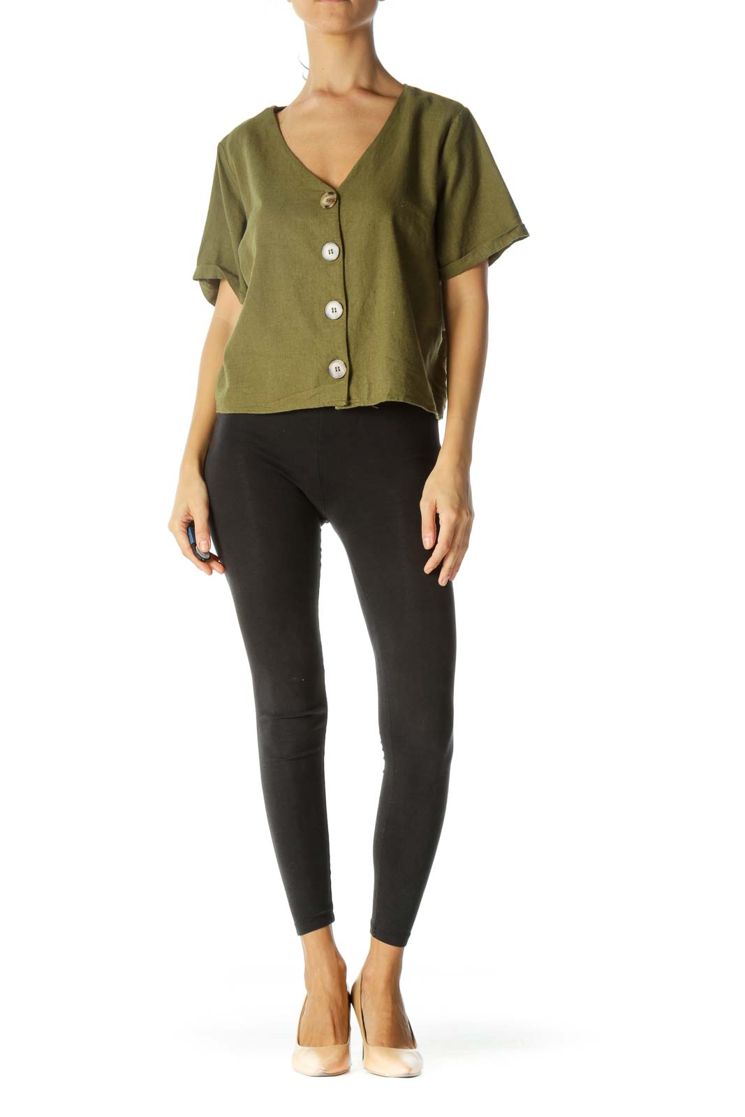 Green V-Neck Buttoned Linen Short-Sleeve Top