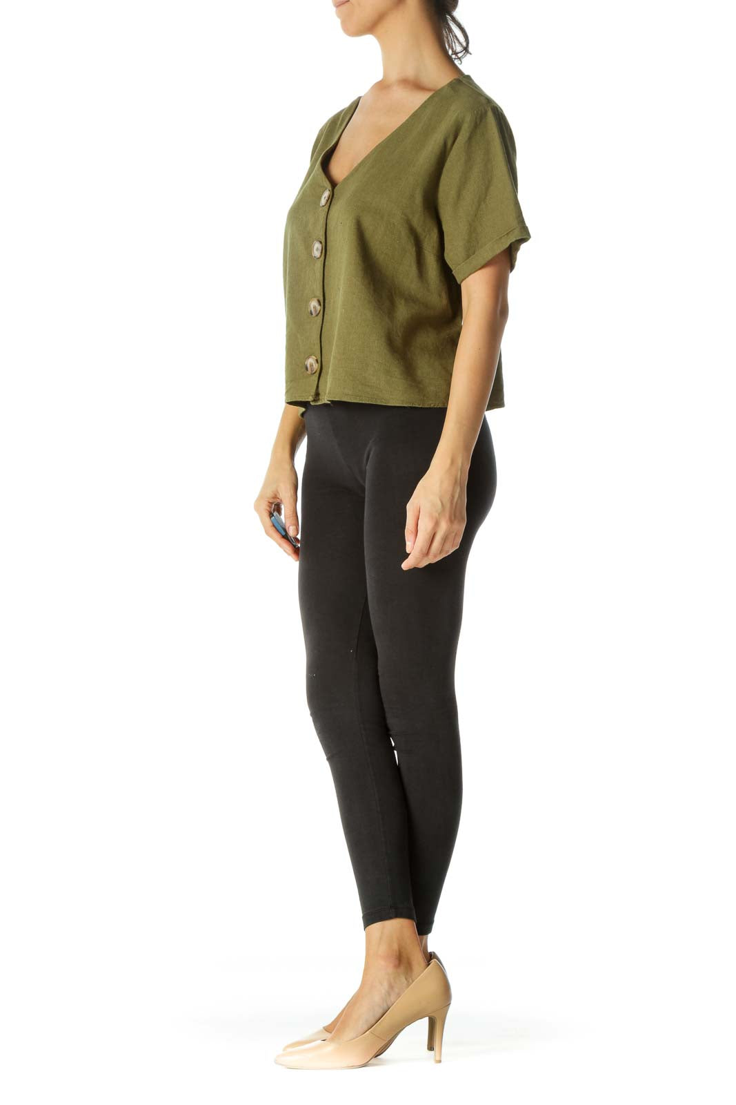 Green V-Neck Buttoned Linen Short-Sleeve Top