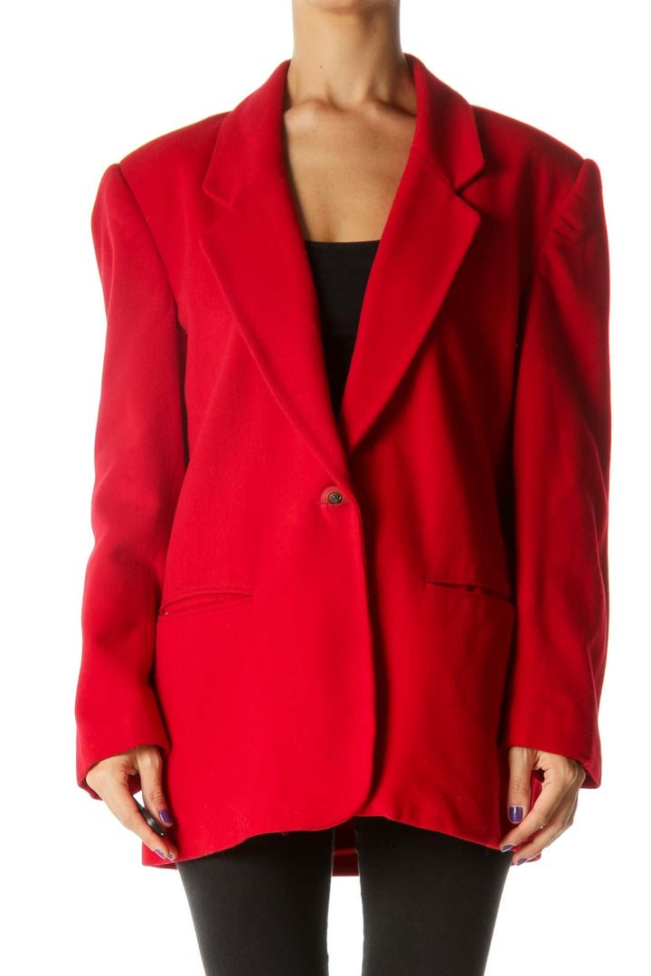 Red Wool Blend Padded Shoulders Pocketed Jacket