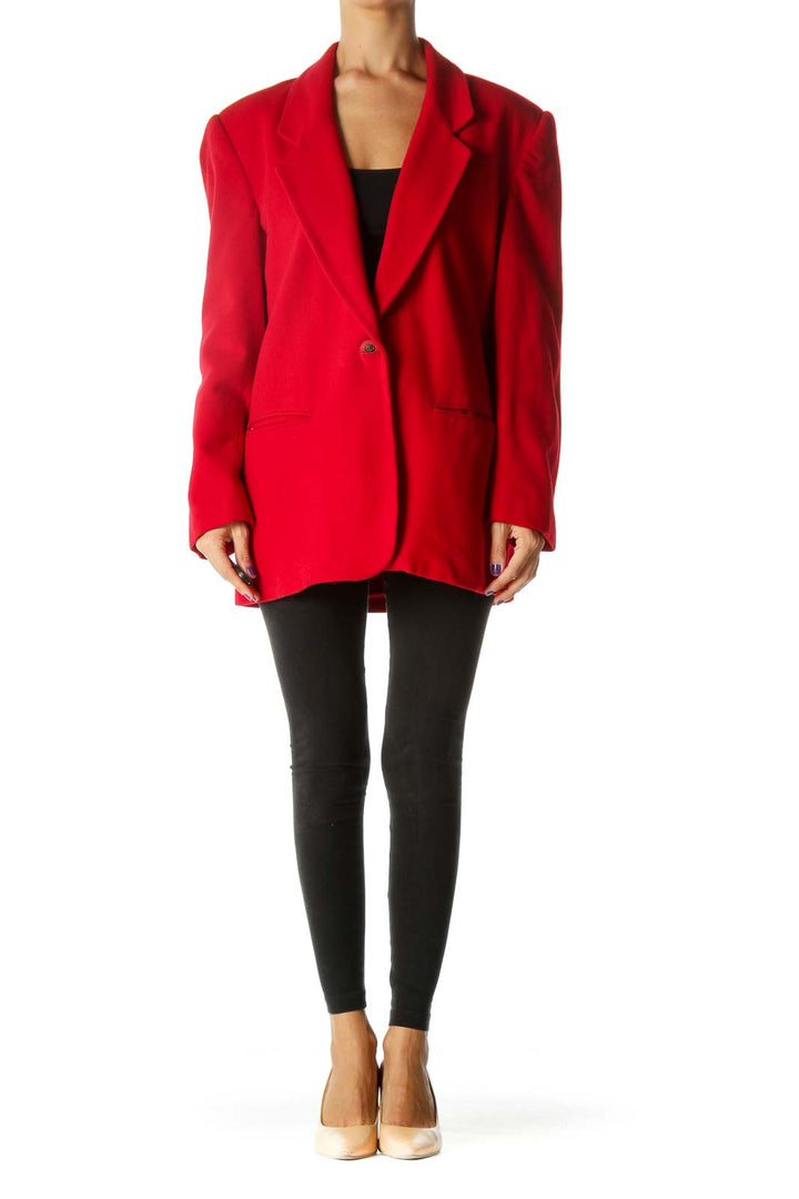 Red Wool Blend Padded Shoulders Pocketed Jacket