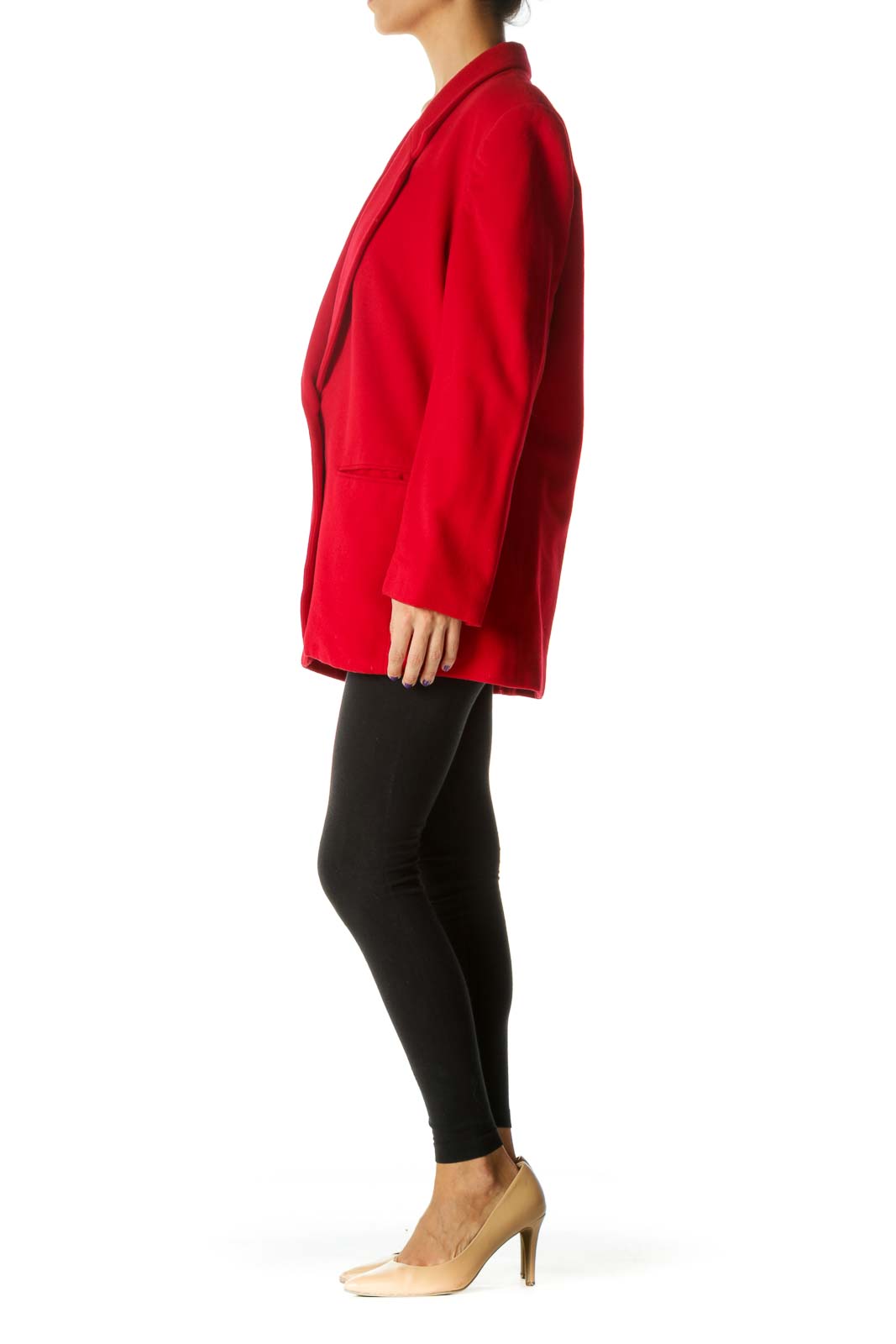 Red Wool Blend Padded Shoulders Pocketed Jacket