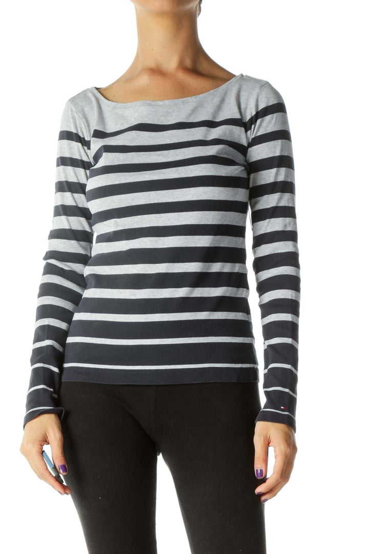 Gray and Navy Striped Long Sleeve Shirt