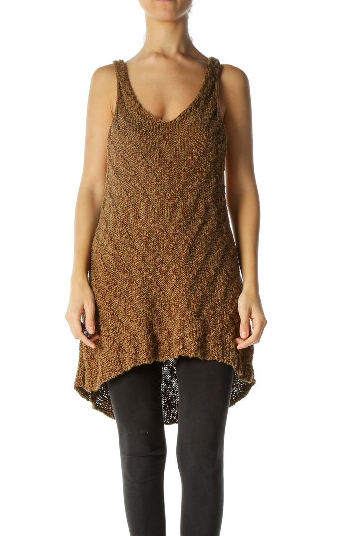 Front view of Free People brown knit tank top with high-low hemline