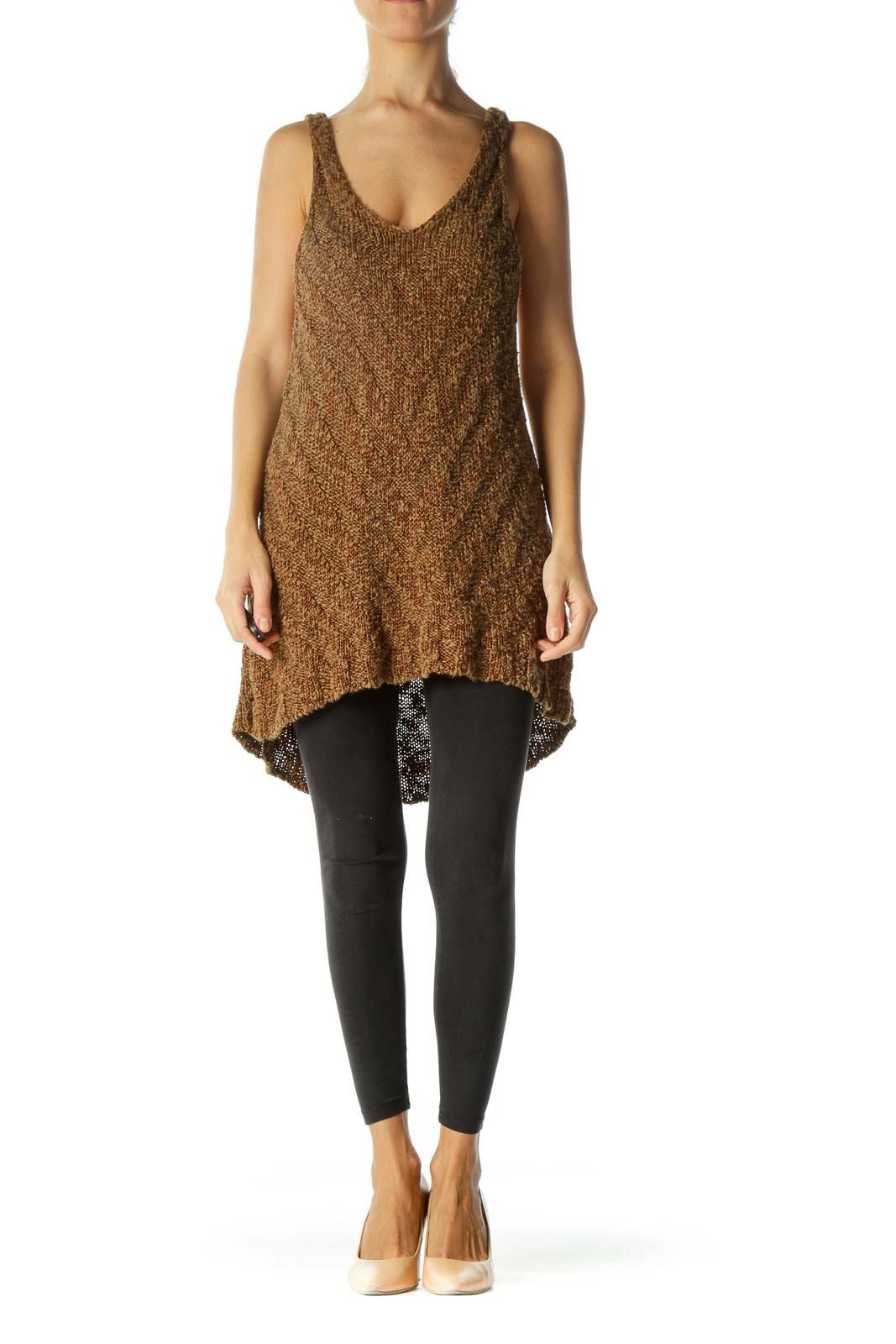 Front view of Free People brown knit tank top with high-low hemline