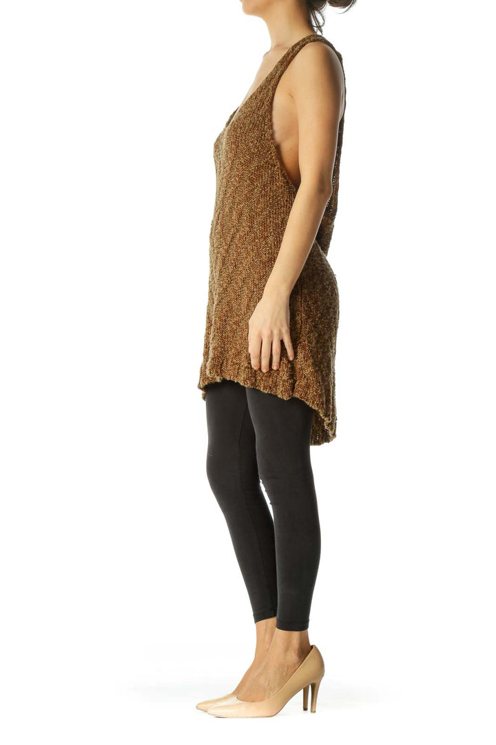 Front view of Free People brown knit tank top with high-low hemline