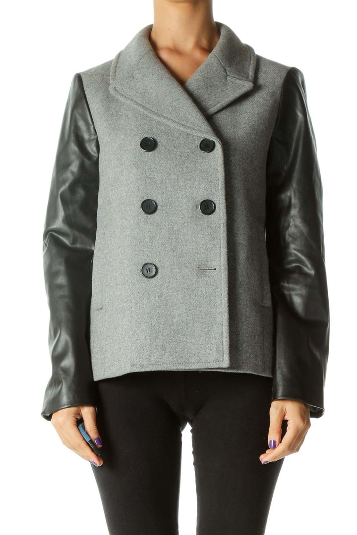 Gray Double Breasted Coat with Faux-Leather Sleeves