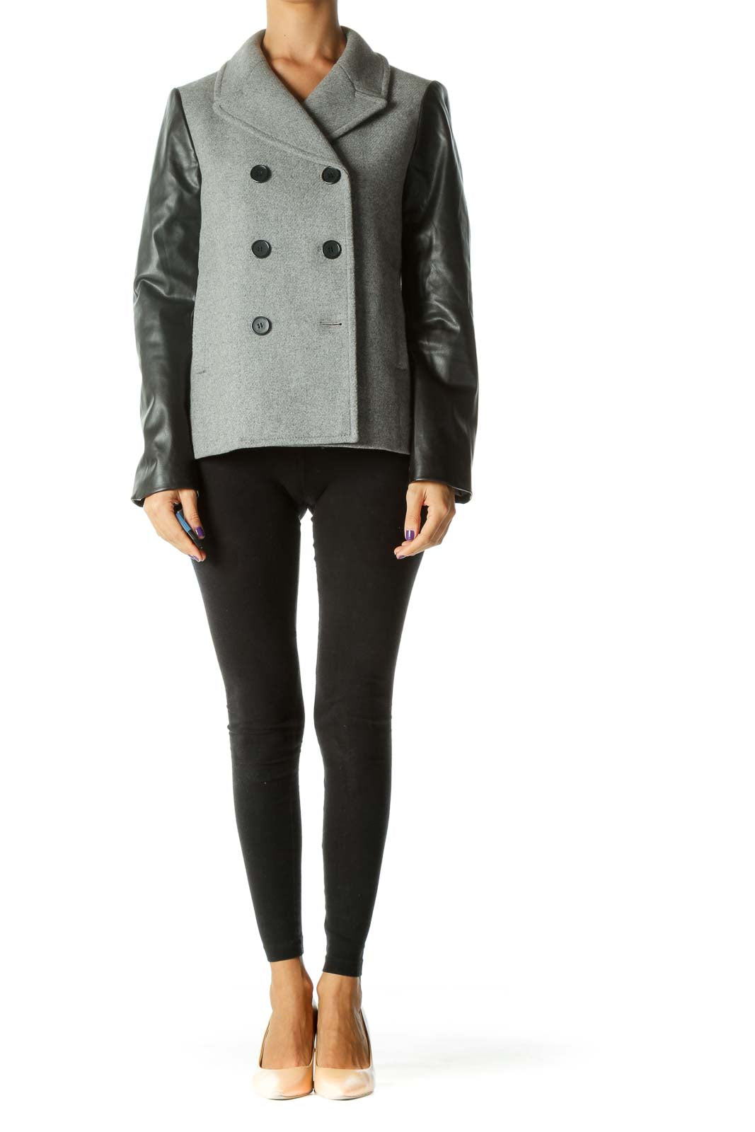 Gray Double Breasted Coat with Faux-Leather Sleeves