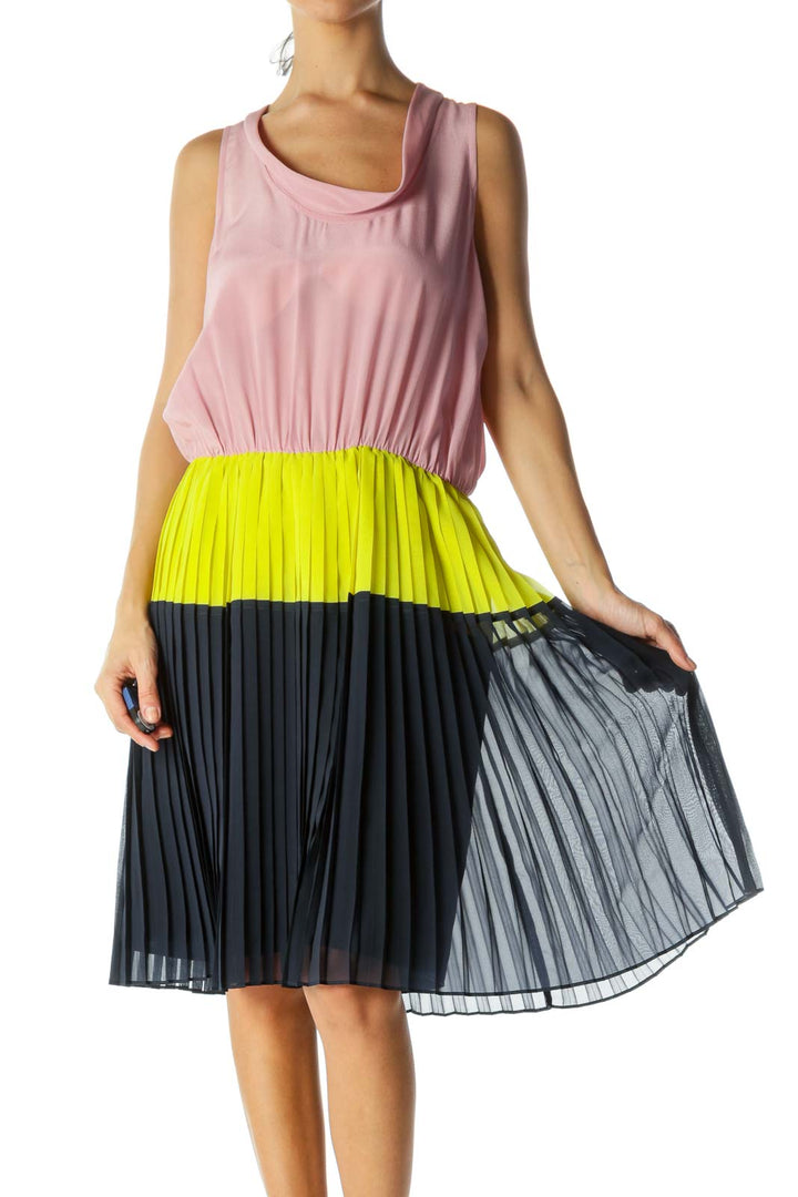 Pink Silk Color Block Pleated Dress