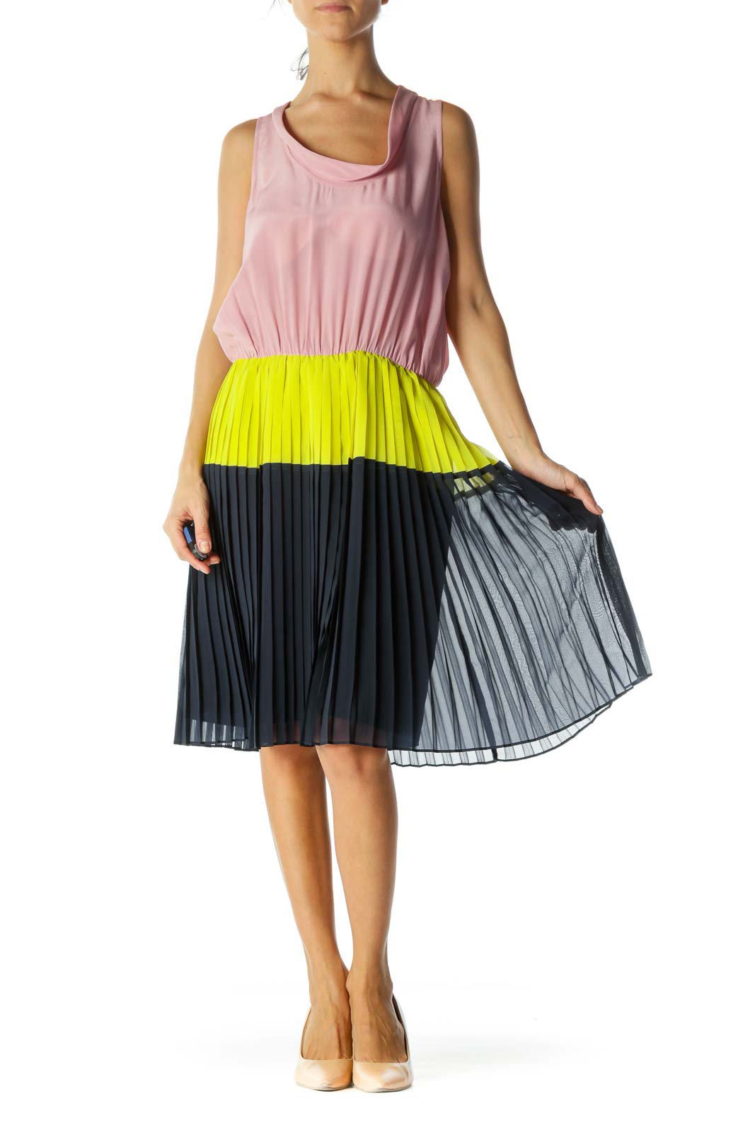 Pink Silk Color Block Pleated Dress