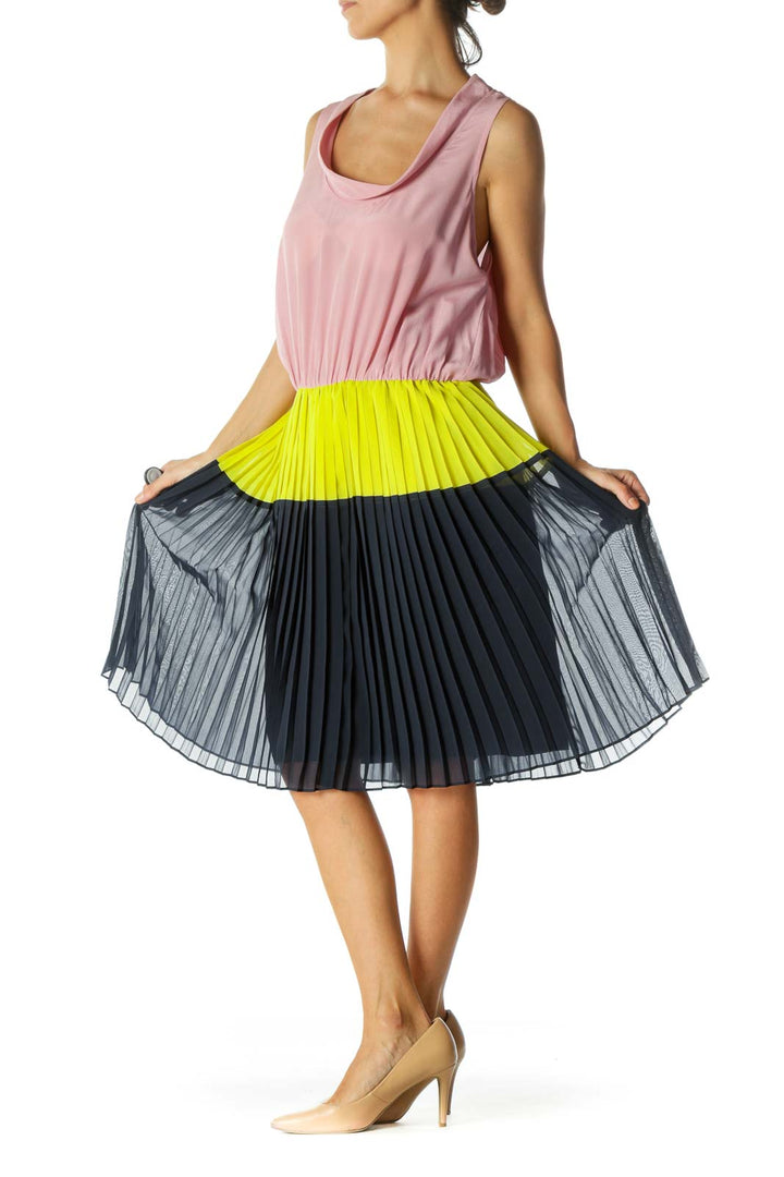 Pink Silk Color Block Pleated Dress