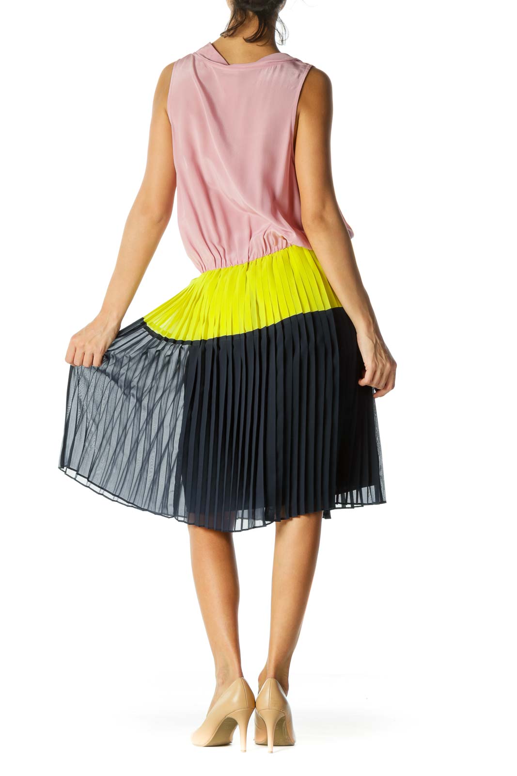 Pink Silk Color Block Pleated Dress