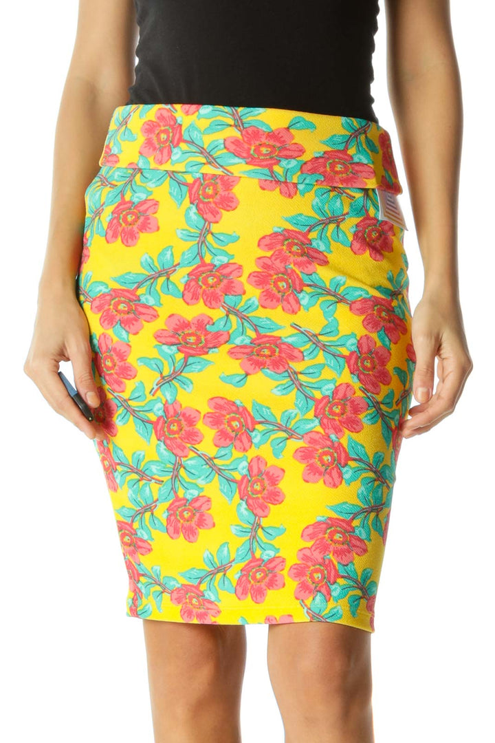 Yellow Green Red Floral Print Stretch Pull On Skirt