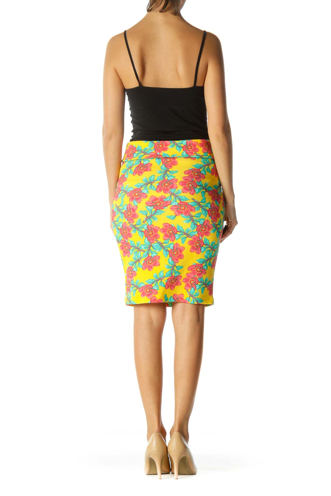 Yellow Green Red Floral Print Stretch Pull On Skirt