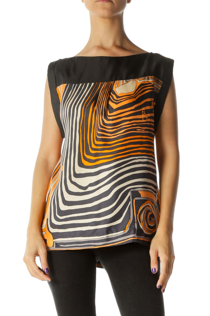 Black Orange Beige Boat Neck Print Blouse