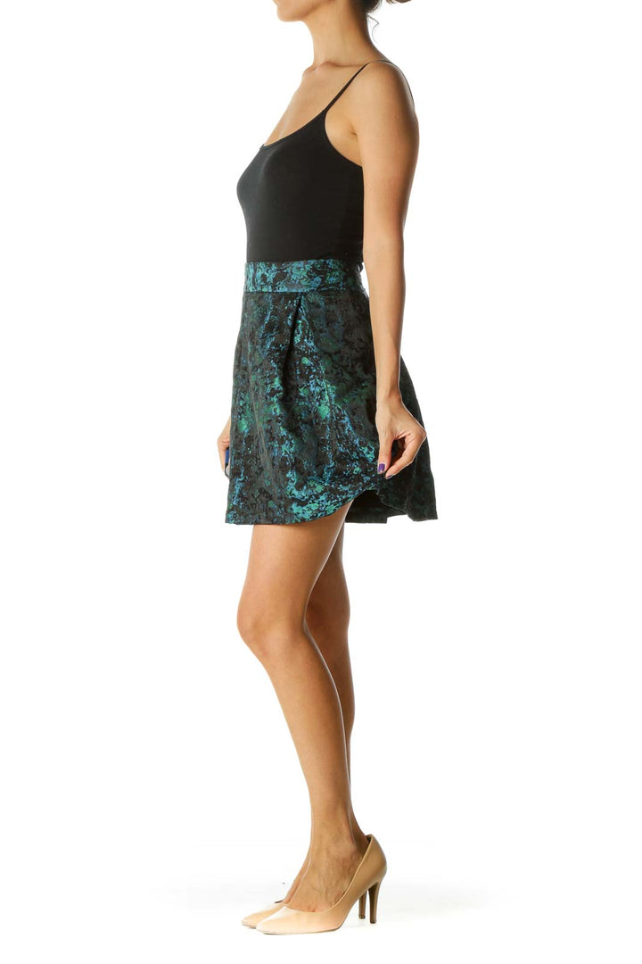 Blue Green Black Jacquard Pouf Mini Skirt