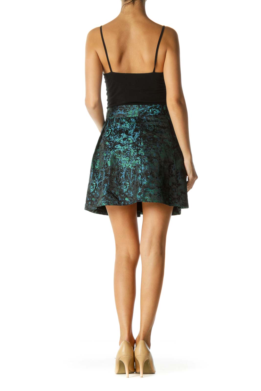 Blue Green Black Jacquard Pouf Mini Skirt