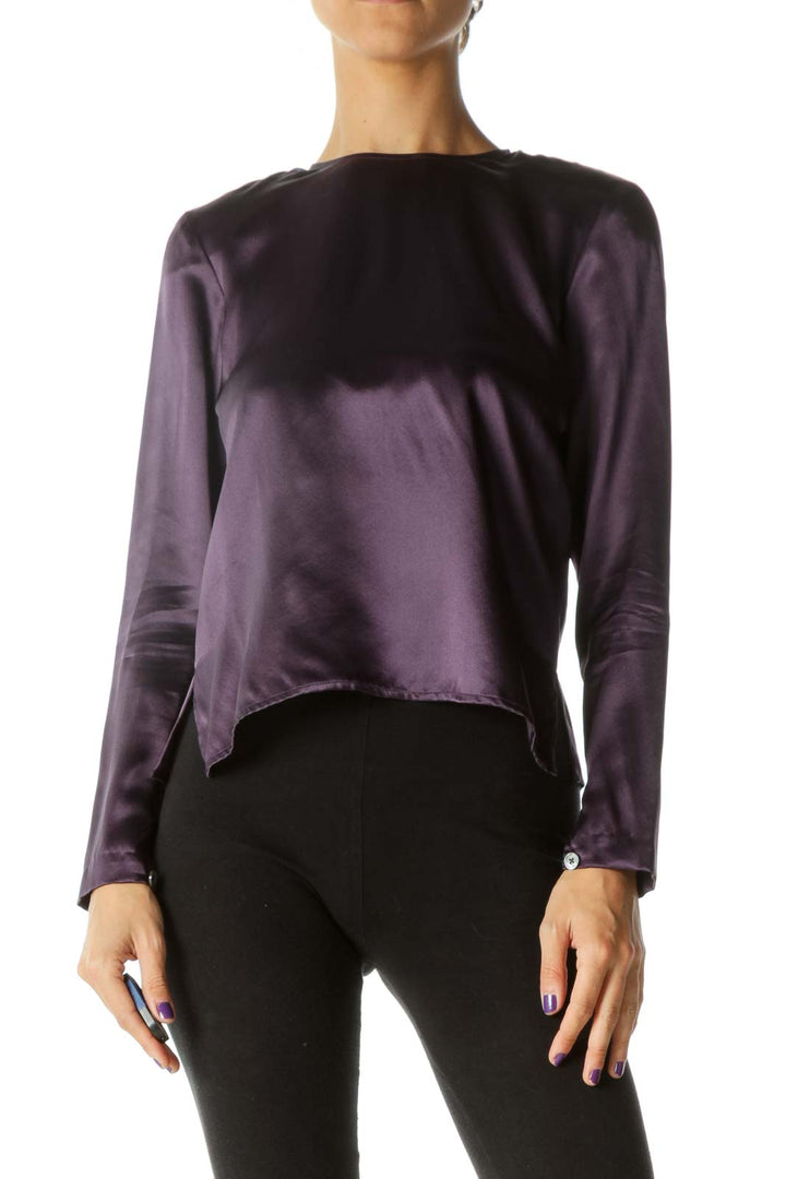 Purple 100% Silk Back Buttons Soft Shiny Top (Shoulder Pads)