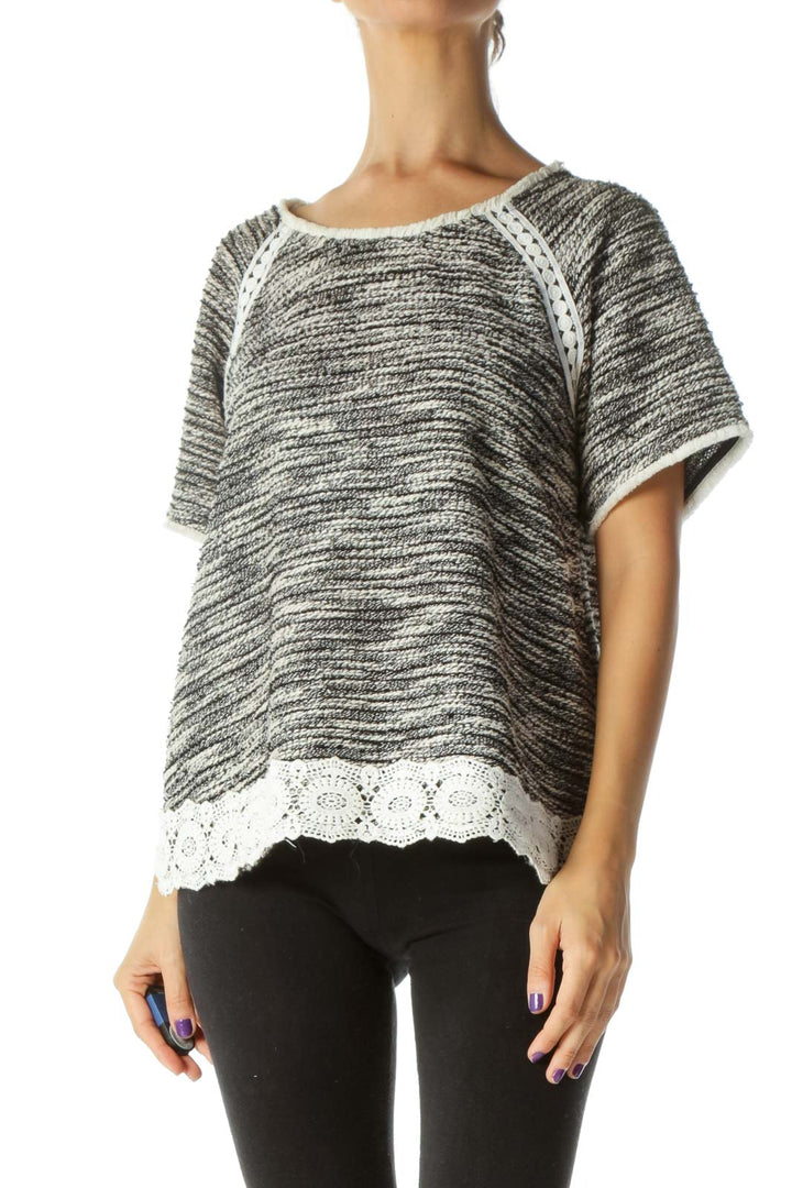 Black White Knit Mixed Media Short Sleeve Top