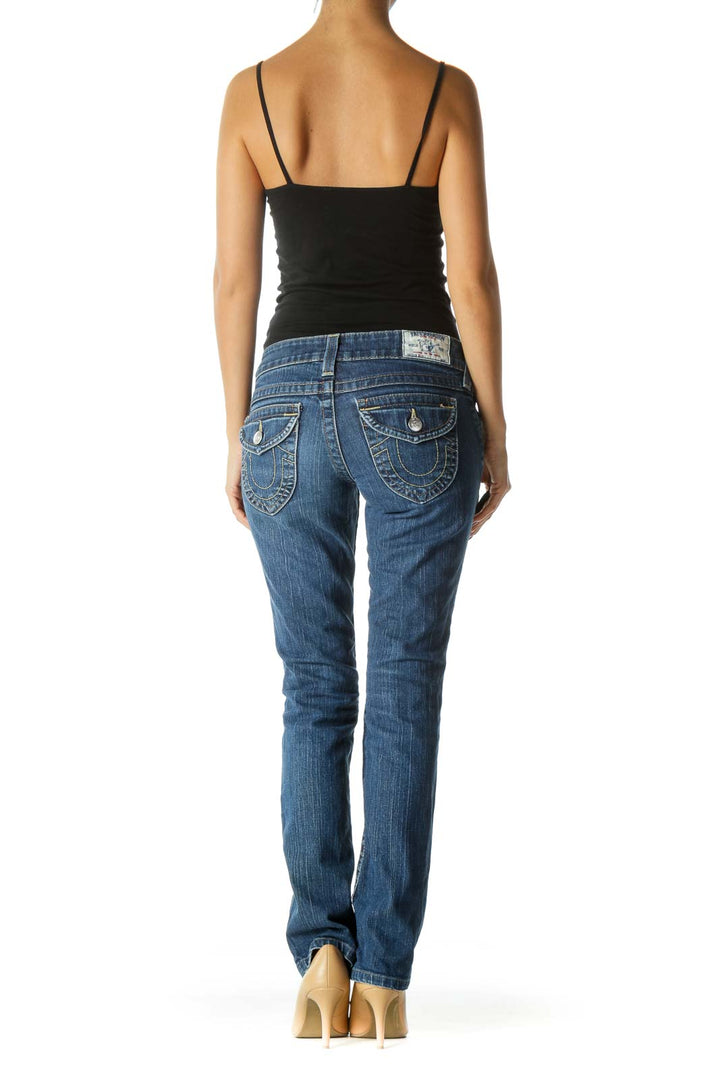 Blue Medium Wash Straight Leg Stretch Denim Jeans