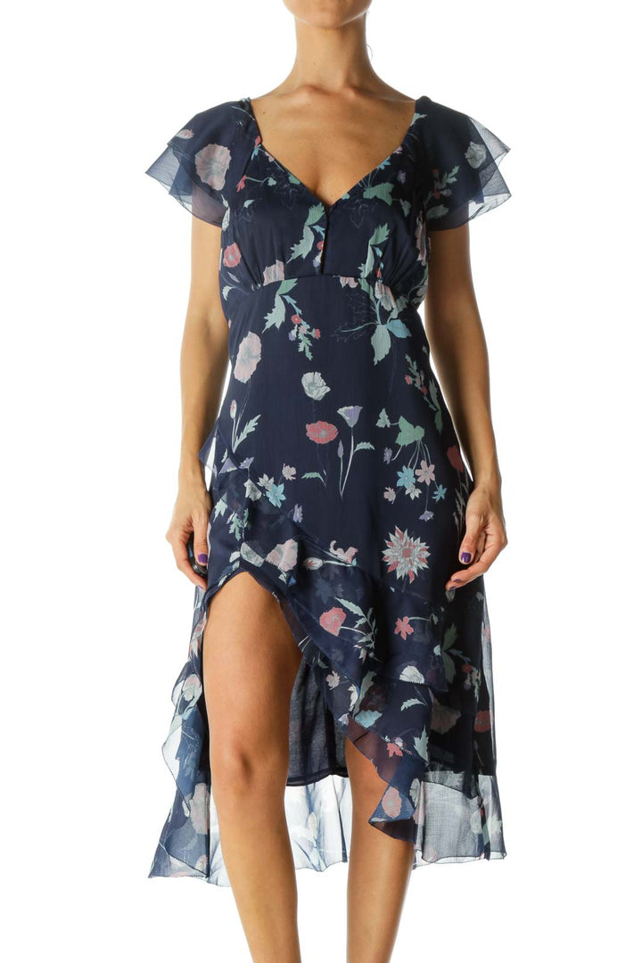 Blue Green Pink Deep V-Neck Floral Print Flared Sleeves Dress