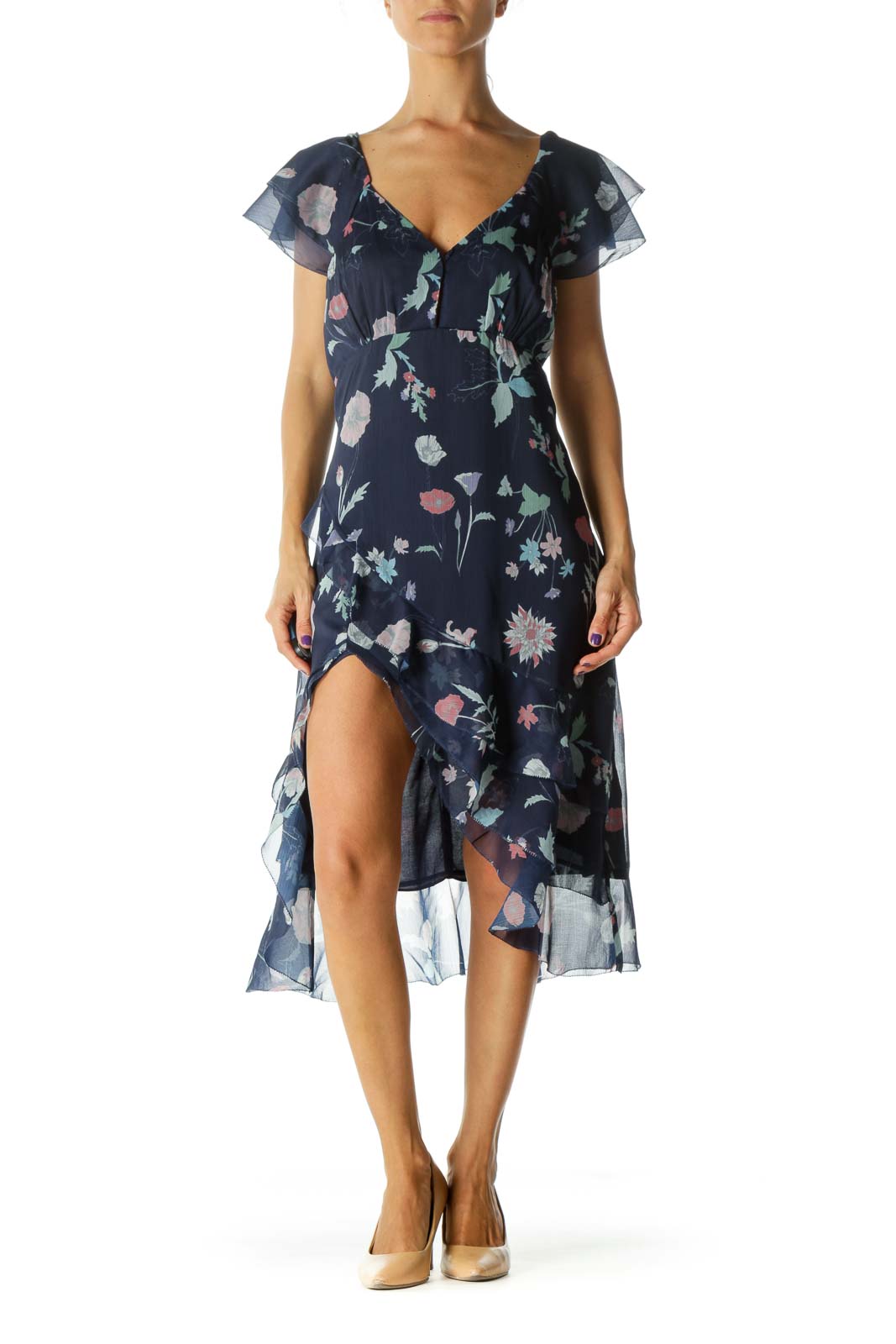 Blue Green Pink Deep V-Neck Floral Print Flared Sleeves Dress