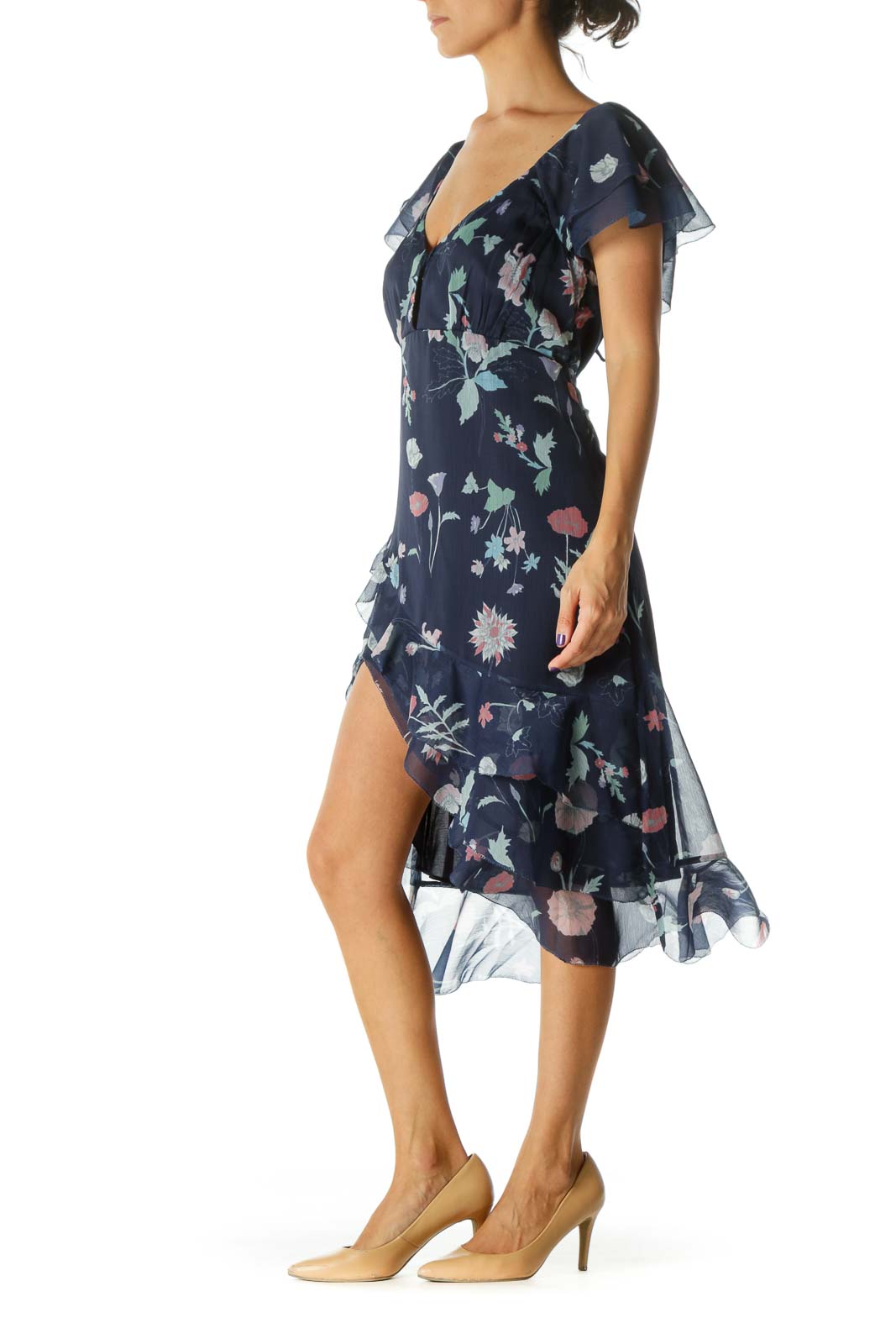 Blue Green Pink Deep V-Neck Floral Print Flared Sleeves Dress