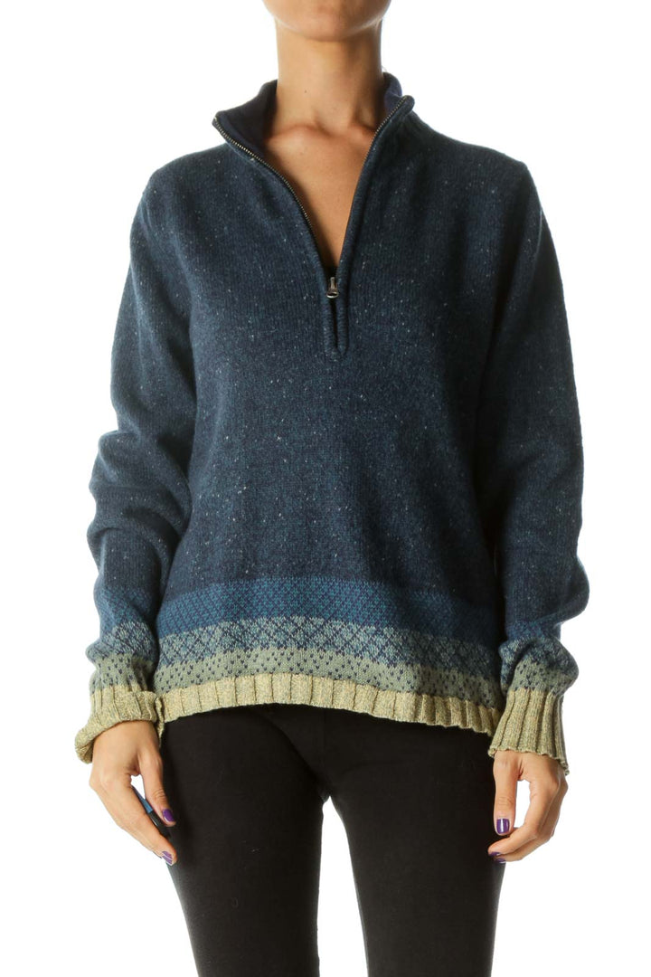 Blue Yellow Knit Print Wool Blend Zippered Pullover Sweater